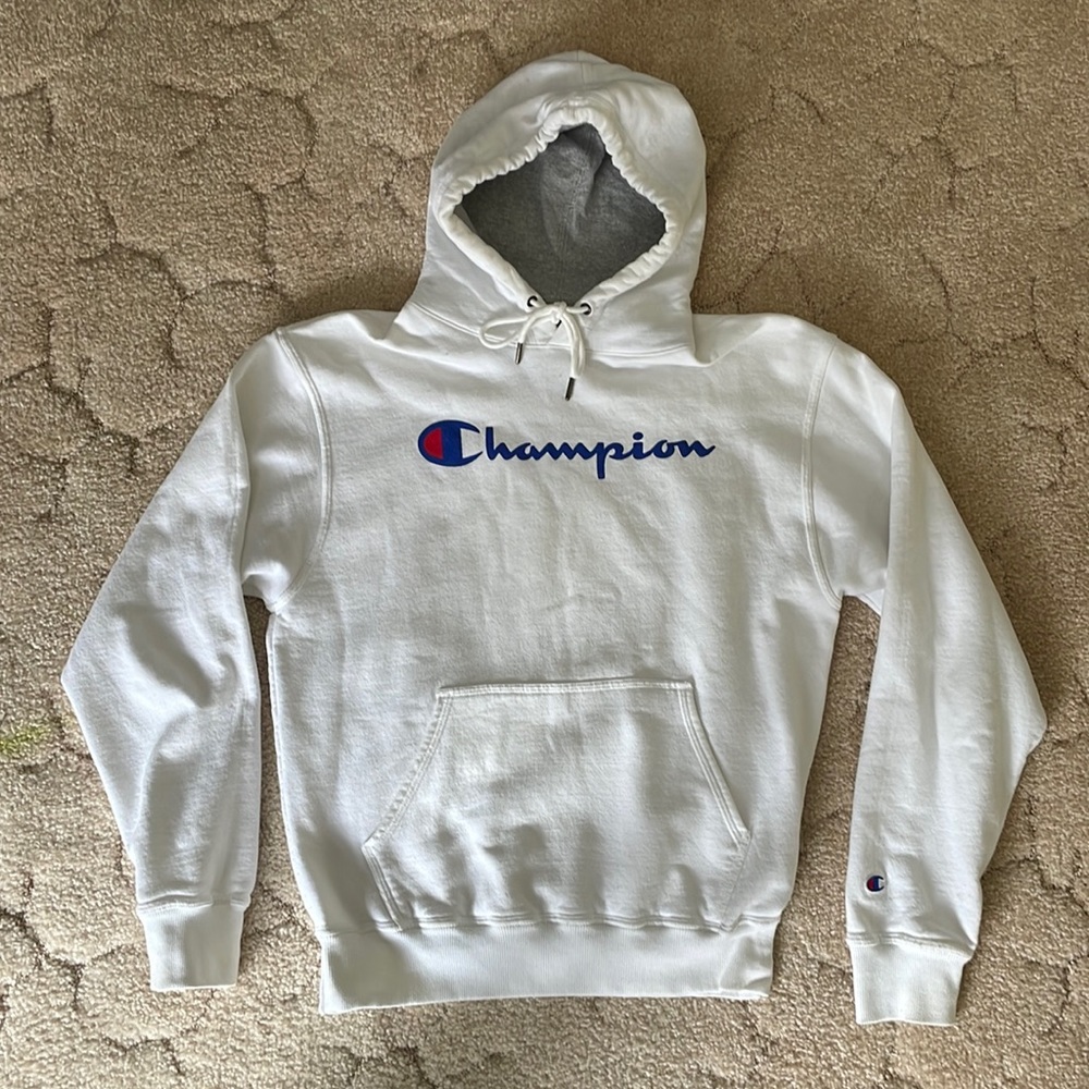 White Champion Hoodie | White “Champion” logo hoodie